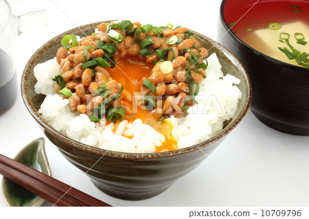 Natto rice Japanese food miso soup white background Natto rice Japanese food miso soup white background 10709796