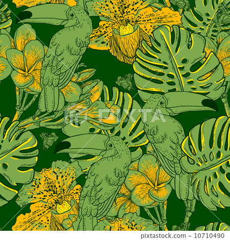 Seamless green pattern with flowers and Toucan Seamless green pattern with flowers and Toucan 10710490