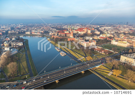 Cracow skyline with aerial view of historic royal Wawel Castle a Cracow skyline with aerial view of historic royal Wawel Castle a 10714691