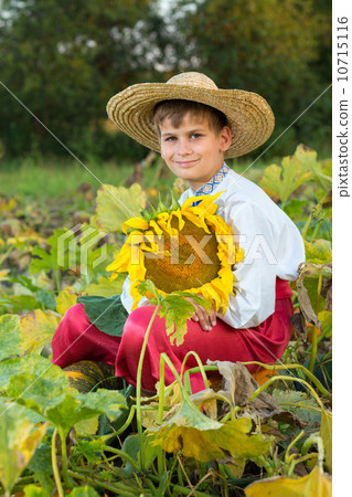Young happy boy hold sunflower in a garden 10715116