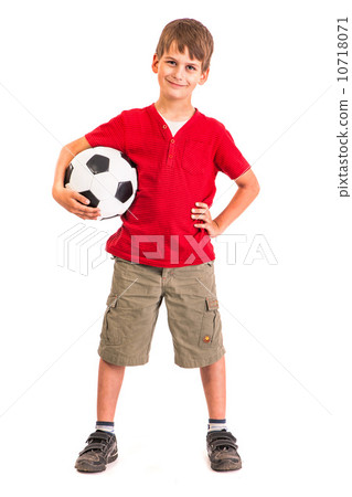 Cute boy is holding a football ball. Soccer ball 10718071