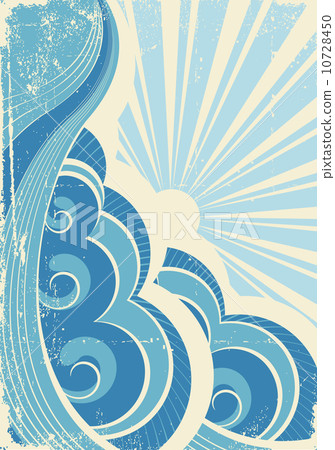 Vintage sea waves and sun. Vector illustration of sea landscape 10728450