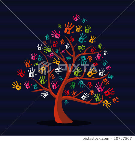 Colorful multi-ethnic hand prints tree 10737807