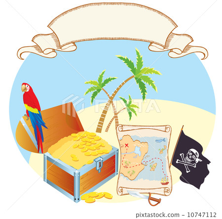 Pirate's treasure with parrot and palms. Vector cartoons map 10747112