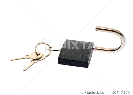 Padlock with keys isolated on white 10747163