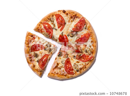 Tasty Italian pizza with ham and tomatoes with a slice removed 10748678