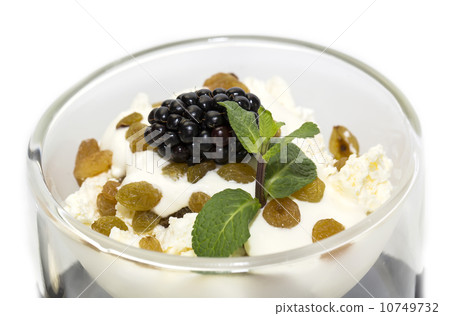 cottage cheese with sour cream and raisins on a white background 10749732