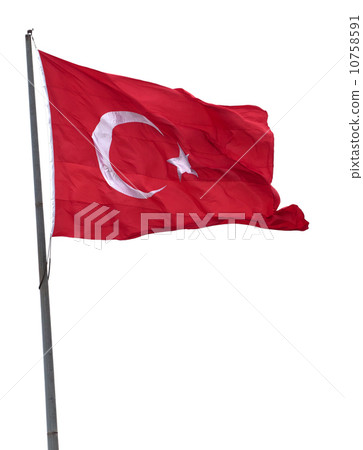 Turkish flag on flagpole waving in wind 10758591