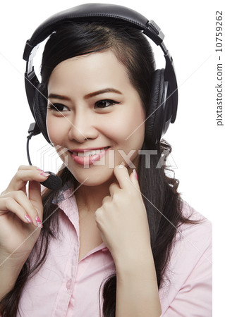 Portrait of happy smiling cheerful support phone operator in hea Portrait of happy smiling cheerful support phone operator in hea 10759262