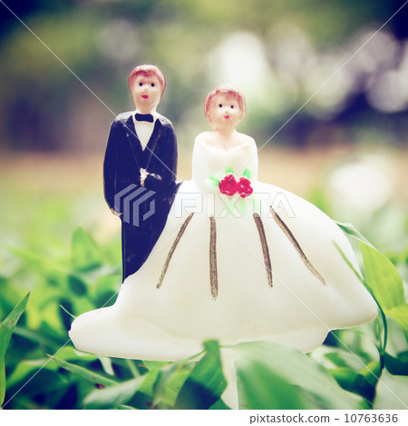 wedding couple doll on leaves ground with retro filter effect 10763636