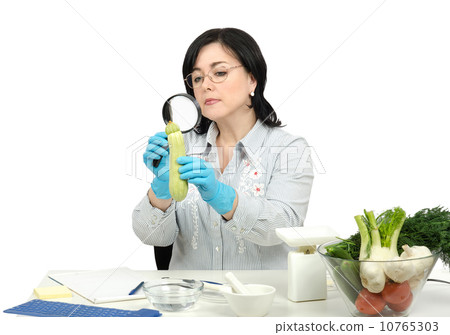 Phytosanitary technician carefully inspecting at a zucchini 10765303