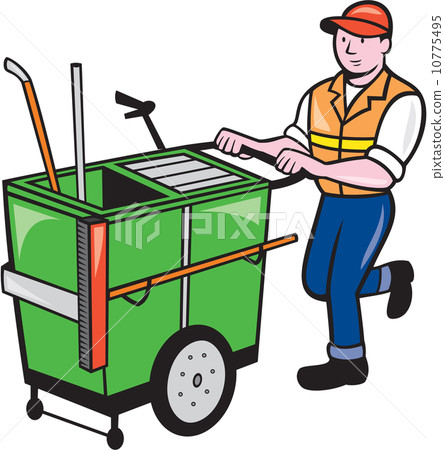 Streeet Cleaner Pushing Trolley Cartoon Isolated 10775495