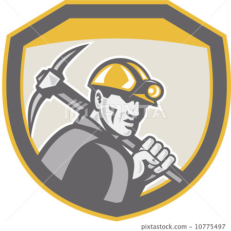Coal Miner Hardhat Holding Pick Axe Shield Retro 10775497