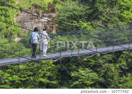 A woman crossing a suspended bridge 10777392