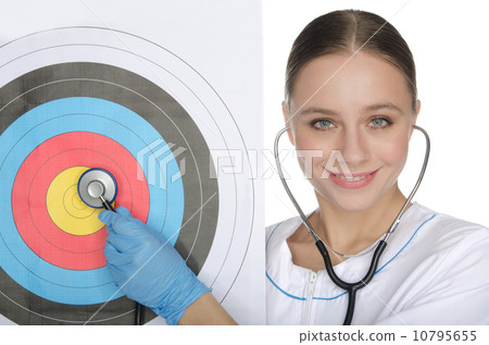 Doctor listens to a stethoscope target 10795655