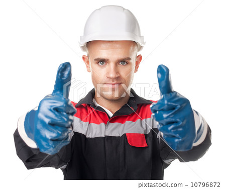 Worker in protective gloves giving thumb up Worker in protective gloves giving thumb up 10796872