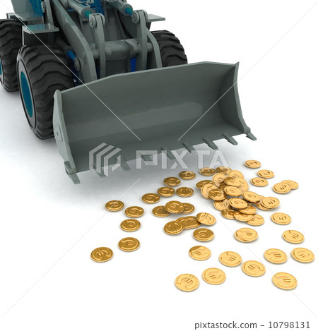 bulldozer raked pile of coins over white background bulldozer raked pile of coins over white background 10798131