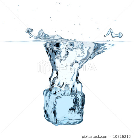 Blue ice cube dropped to water 10816213