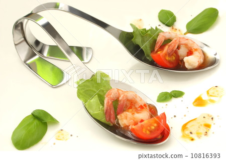 Appetizer Hors d'oeuvre One spoons Shrimp salad White background 10816393