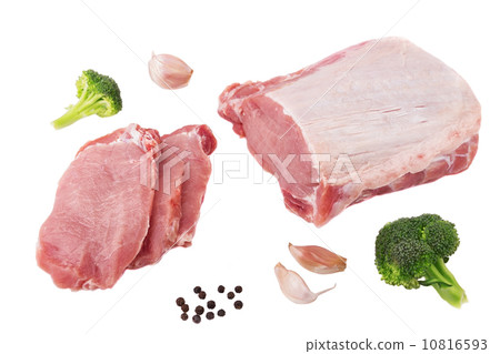 Preparation of raw meat for grilling spices. On a white background. Preparation of raw meat for grilling spices. On a white background. 10816593