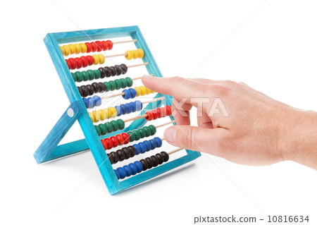 Colorful children's accounts and men hand does the calculations. Accountant on a white background. 10816634