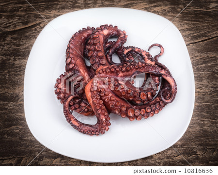 Boiled octopus sea, in a plate. Red with tentacles. Boiled octopus sea, in a plate. Red with tentacles. 10816636