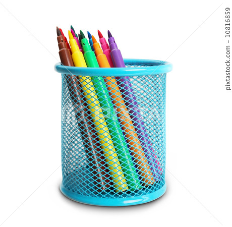 Group of multi-colored felt-tip pens in a blue basket. For drawi Group of multi-colored felt-tip pens in a blue basket. For drawi 10816859