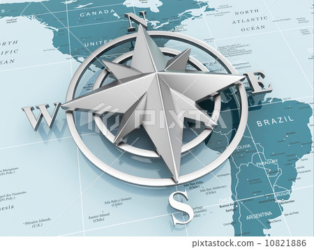 Navigation sign or compass on political map. 10821886