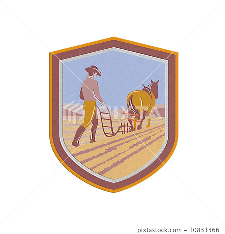 Metallic Farmer and Horse Plowing Farm Field... - Stock Illustration ...