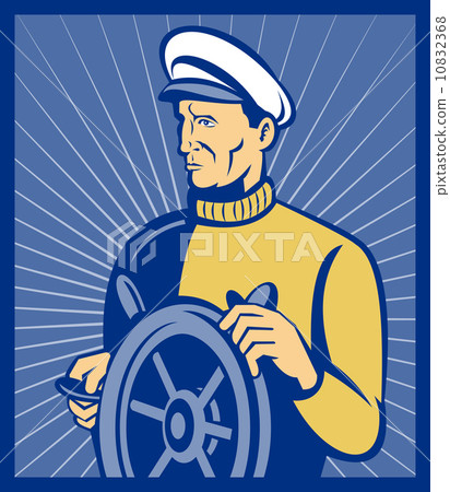 Sea ship captain at the helm steering wheel 10832368