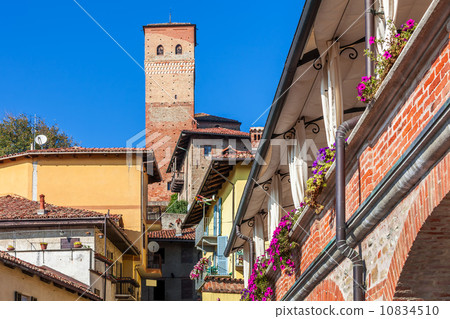 Small town with medieval tower in Piedmont, Italy. 10834510