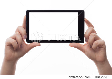 Woman hold tablet PC on white 10835816