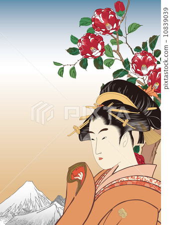 Utamaro美麗的繪畫和Hiroshige上野Shitakuda Tsubaki的圖像插圖 10839039