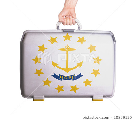 Used plastic suitcase with stains and scratches 10839130