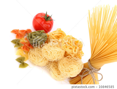 different pasta and tomato on a white background 10846585