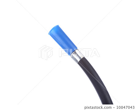 Blue sprayer and black hose of fire extinguisher. 10847043