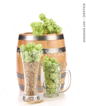 Barrel and two mug with barley hop. Barrel and two mug with barley hop. 10847428