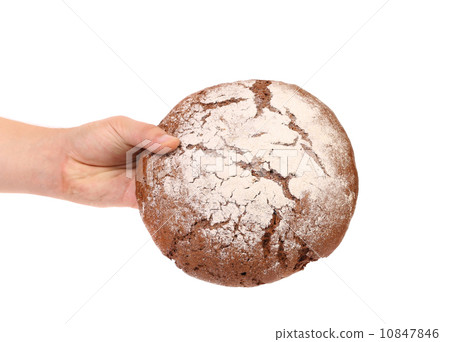Hand holds brown round bread. 10847846