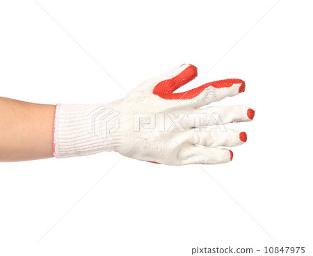 Rubber protective red glove on hand. Rubber protective red glove on hand. 10847975