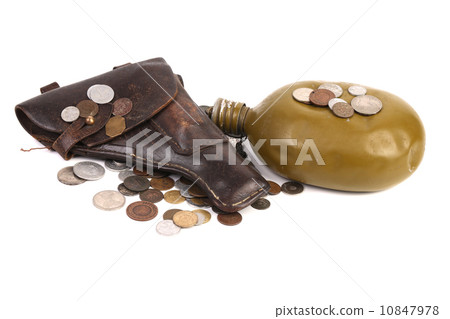 Gun and flask on coins. 10847978