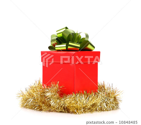 Red gift box with green-golden bow. 10848485