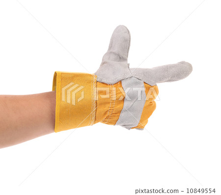 Hand in gloves holds as gun. Hand in gloves holds as gun. 10849554