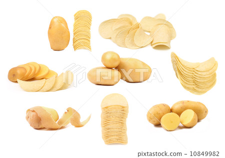 Collage of potatoes slices a chips. 10849982