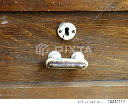 Metal handle and keyhole of an old wooden table. 10850354