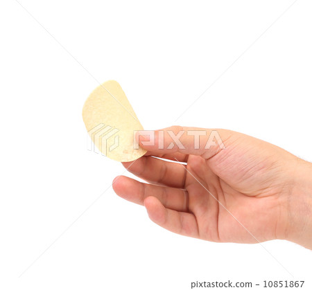 Hand holds potato chips. 10851867