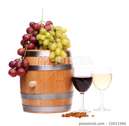 Grape on the barrel, glasses of wine, raisins Grape on the barrel, glasses of wine, raisins 10851998