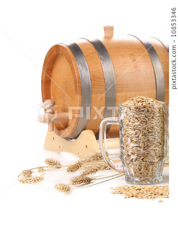 Barrel and a mug with barley. 10853346