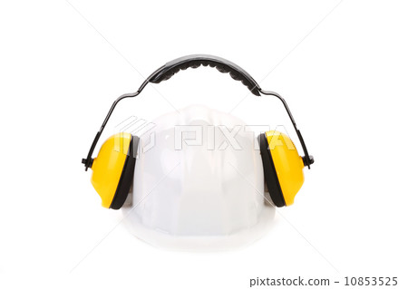 Protective ear muffs and hard hat. Protective ear muffs and hard hat. 10853525
