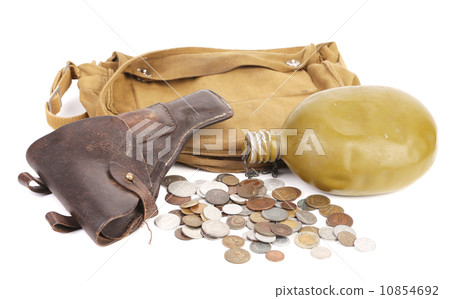 Gun backpack for soldiers flask and some coins. 10854692