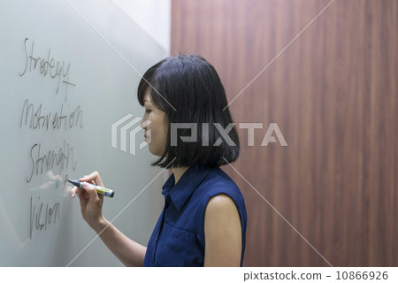A young chinese female executive preparing presentation on a white board 10866926